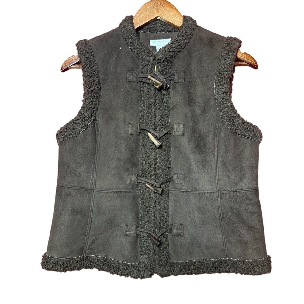 Charter Club Faux Suede Sherpa Vest Women Small Petite Brown Toggle Zip Kraven
